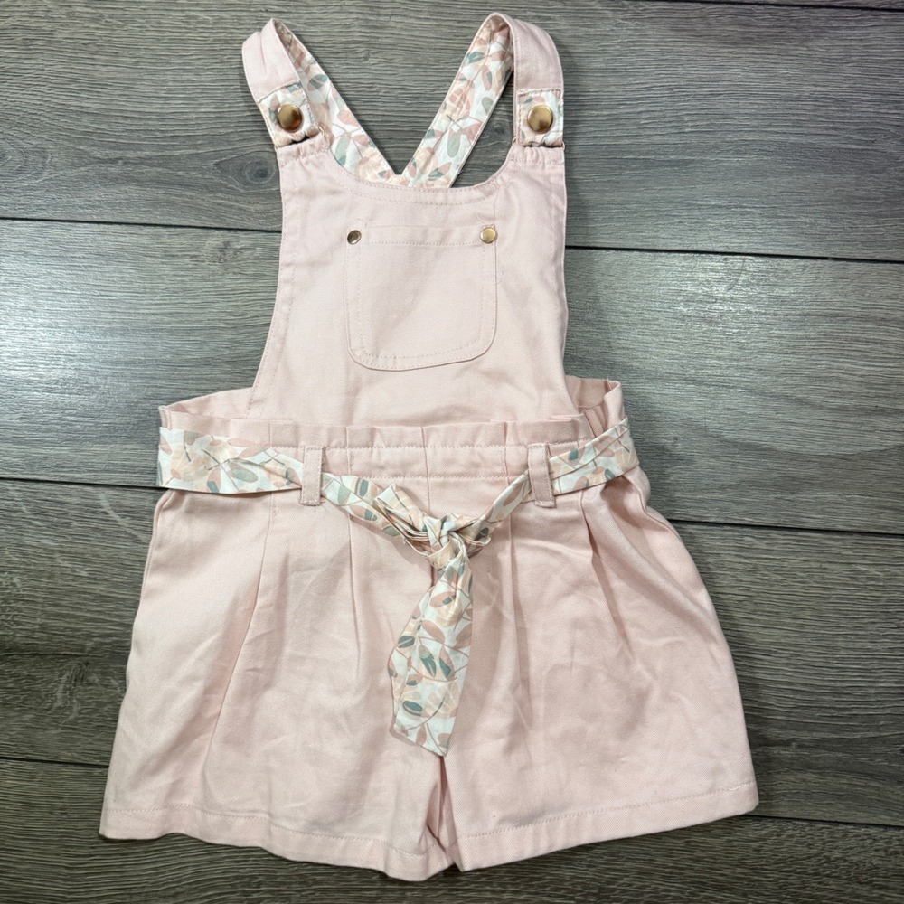 Catherine Malandrino Girls Pink Shortalls Floral Trim Belted‎ Overalls Size 4T